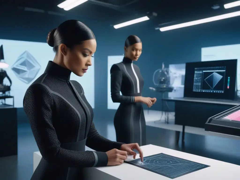 Diseñadores de moda crean prendas 3D inclusivas en estudio futurista Grupo diverso de diseñadores de moda y tecnólogos colaborando en un estudio futurista con impresoras 3D, telas tecnológicas y bocetos vanguardistas