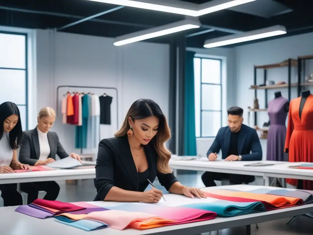 Diseñadores de moda crean juntos en estudio eco-friendly Un grupo diverso de diseñadores de moda trabaja en un estudio moderno y luminoso, rodeados de telas coloridas y materiales sostenibles, colaborando apasionadamente en la creación de diseños de ropa ecológica y elegante