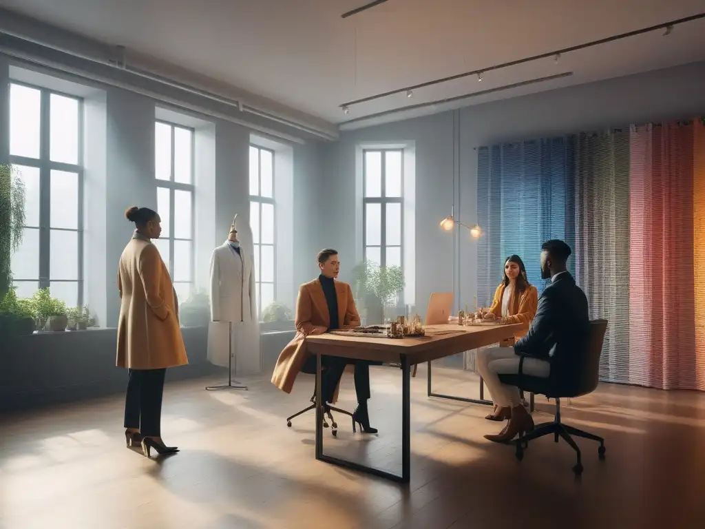 Diseñadores de moda no binarios crean en estudio vanguardista Un grupo diverso de diseñadores de moda transgénero innovadores discuten apasionadamente diseños en un estudio moderno y elegante