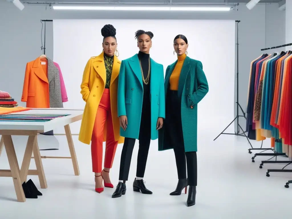 Diseñadores de moda innovadores en estudio moderno Un grupo diverso de diseñadores de moda transgénero innovadores discuten apasionadamente en un estudio moderno y colorido