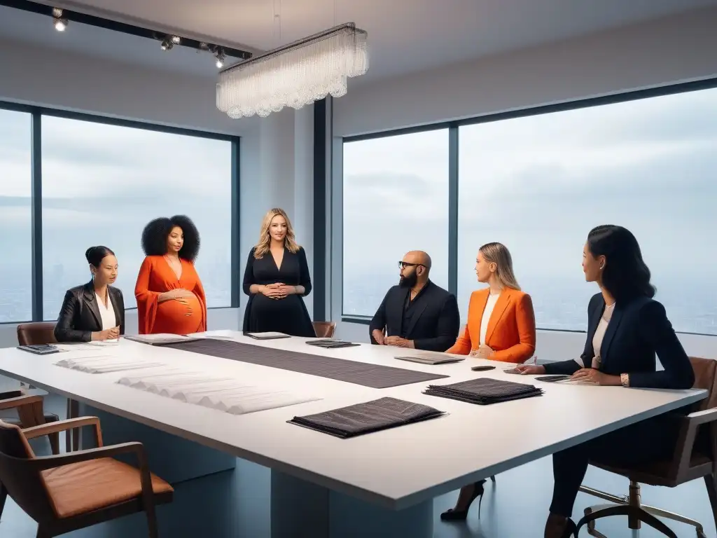 Diseñadores de Moda Maternidad innovan en estudio luminoso Grupo diverso de diseñadores de moda maternal en una reunión creativa en un estudio iluminado por el sol