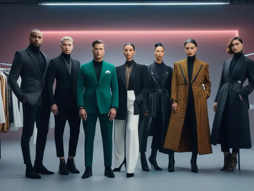 Diseñadores no binarios y transgénero en estudio de moda Un grupo diverso de diseñadores de moda transgénero innovadores, unidos en un estudio moderno, creando estilo y rompiendo barreras