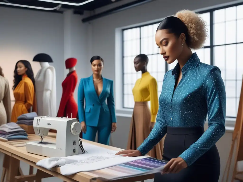 Diseñadores de moda diversos creando juntos en un estudio vibrante Un grupo diverso de diseñadores de moda adapta ropa a cuerpo único en un estudio moderno, reflejando colaboración e inclusividad