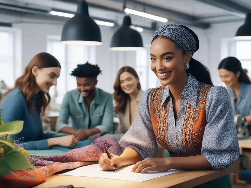 Diseñadores de moda sostenible creando juntos en un espacio luminoso Un grupo diverso de diseñadores de moda sostenible colaborando en un atelier luminoso, inspirando creatividad y trabajo en equipo