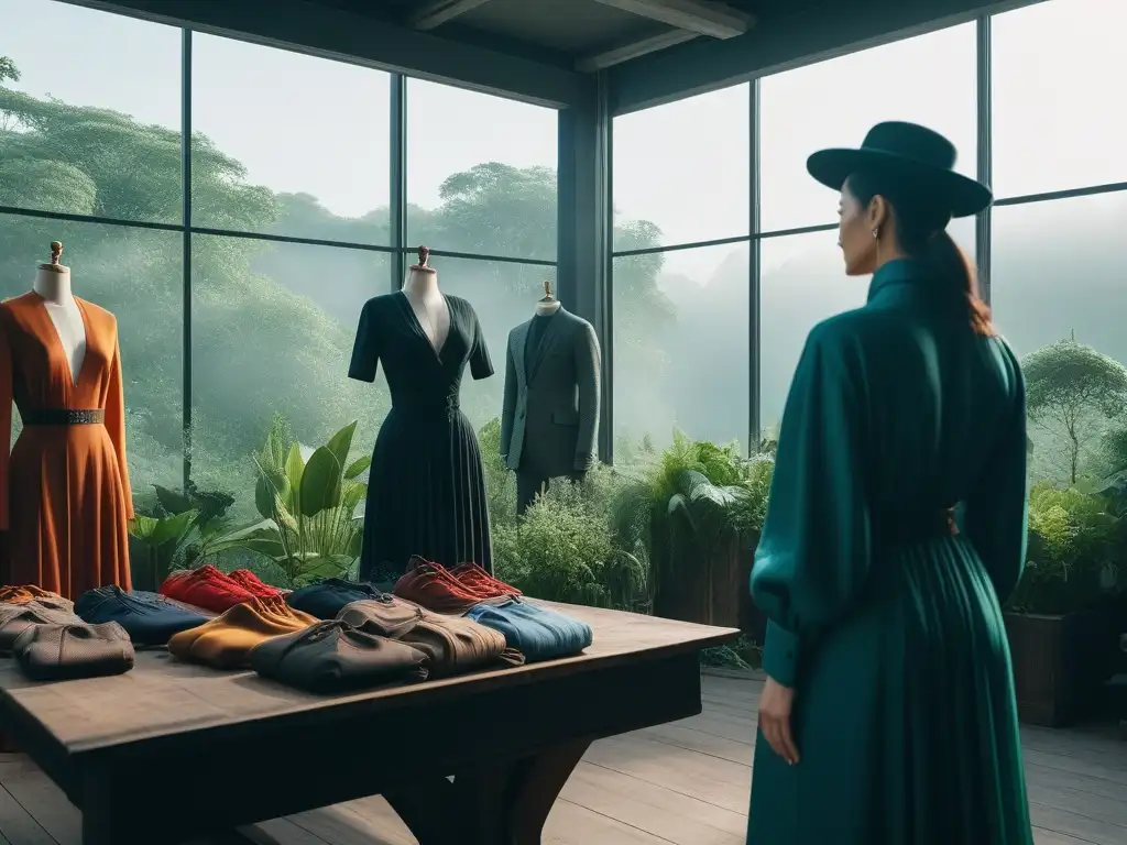 Diseñadores de moda eco crean juntos en atelier sostenible Un grupo diverso de diseñadores de moda trabaja juntos en un taller sostenible, creando prendas ecofriendly