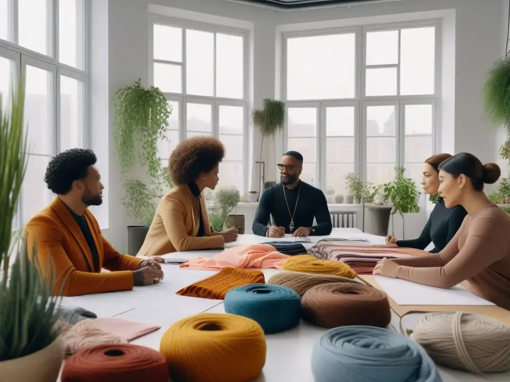 Diseñadores de moda eco-inclusiva crean juntos en estudio luminoso Grupo diverso de diseñadores de moda trabajando en un estudio ecoamigable, rodeados de materiales sostenibles y diseños inclusivos