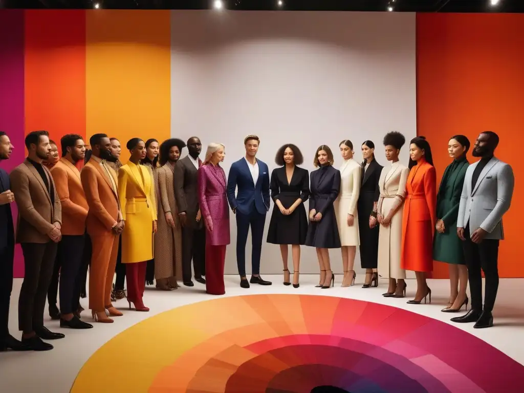 Creación de moda con colores vibrantes y psicología Un grupo diverso de diseñadores de moda en una atmósfera de creatividad e inclusividad, guiados por un experto en psicología del color