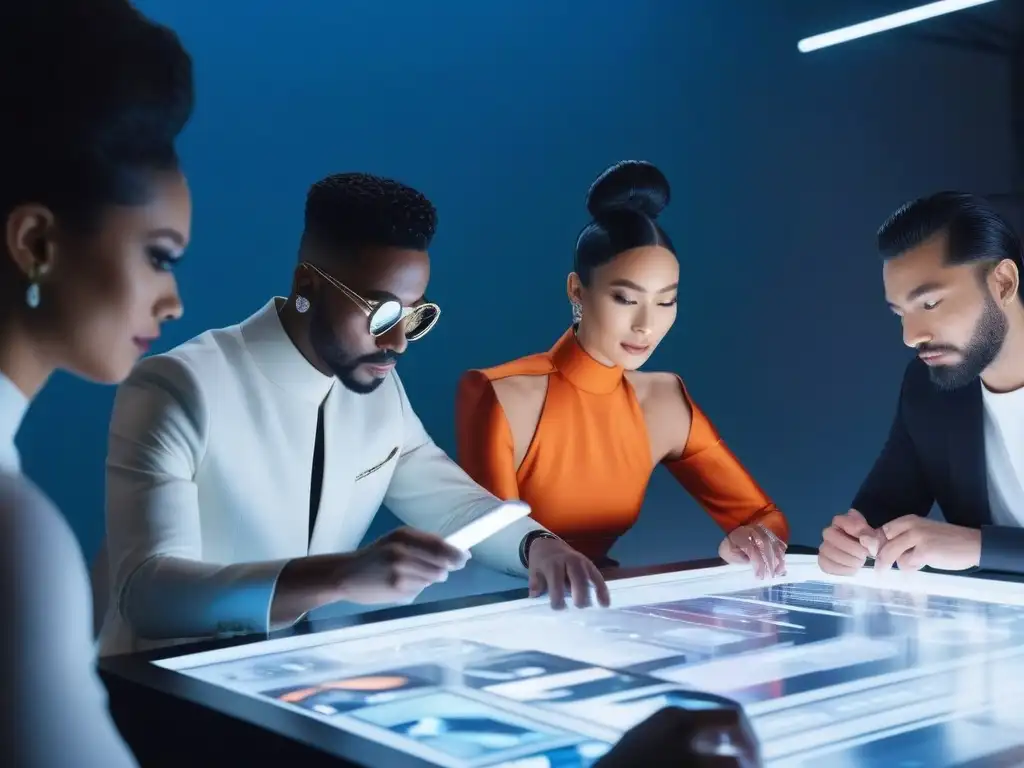 Diseñadores de moda innovadores crean colección futurista juntos Un grupo diverso de diseñadores de moda colaborando en una colección futurista, rodeados de tecnología y tejidos sostenibles