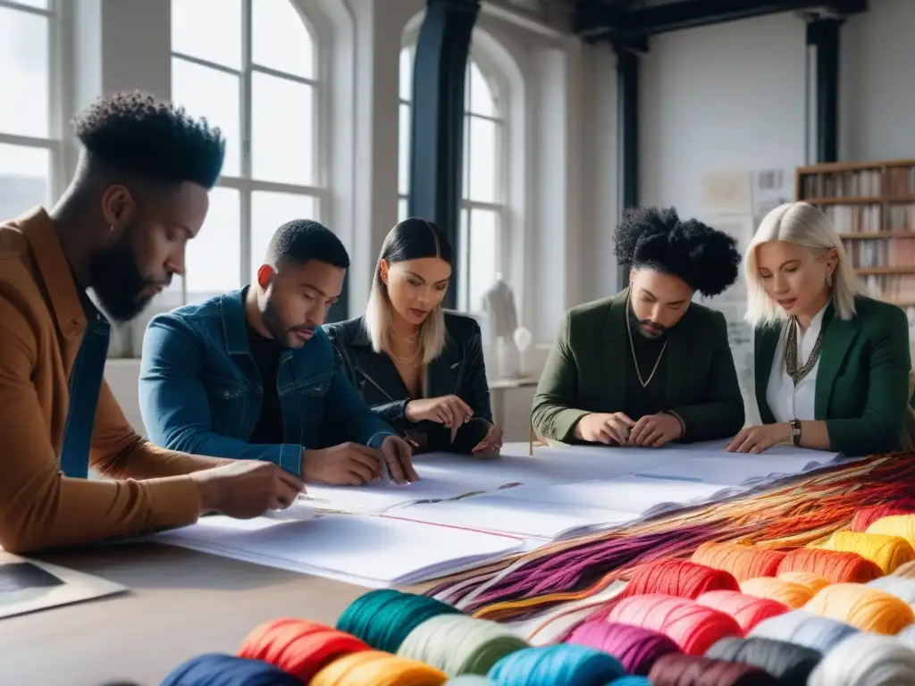 Encuentro creativo: diseñadores de moda sostenible innovando juntos Un grupo diverso de diseñadores de moda colabora apasionadamente en diseños sostenibles