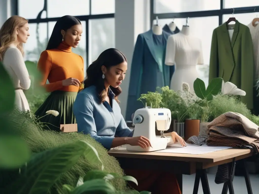 Diseñadores de moda sostenible innovan con pasión Grupo diverso de diseñadores de moda trabajando apasionadamente en prendas sostenibles en un estudio lleno de plantas