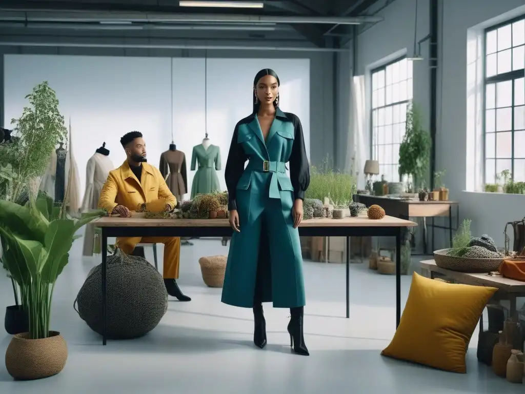 Diseñadores de moda creando juntos colección sostenible e inclusiva en estudio moderno Grupo diverso de diseñadores de moda trabajando juntos en un estudio moderno y luminoso, creando una colección inclusiva y sostenible