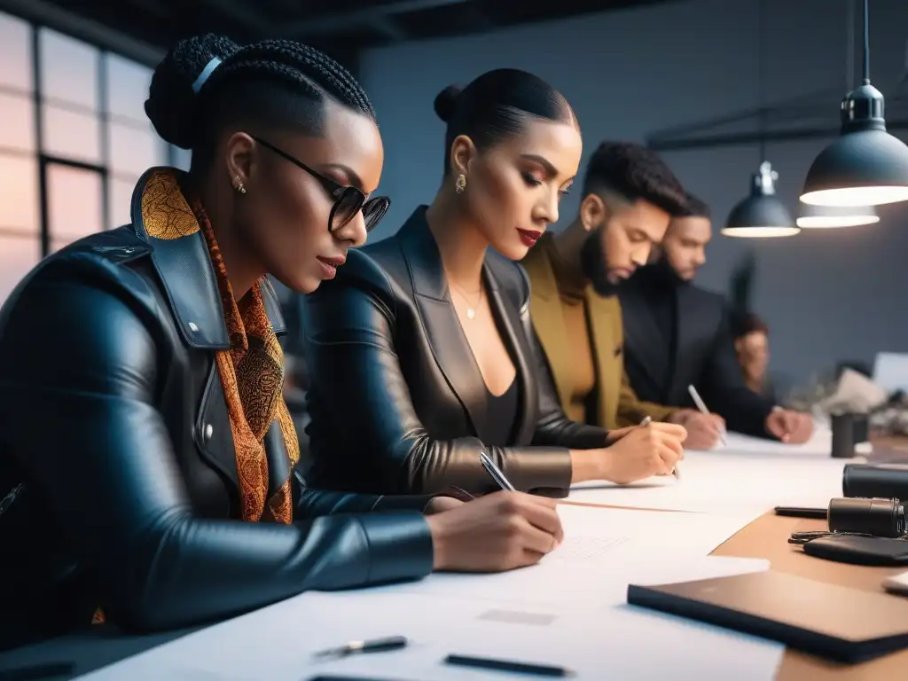 Diseñadores de moda creando juntos un futuro inclusivo Un grupo diverso de diseñadores de moda líderes discuten y esbozan diseños innovadores en un estudio moderno