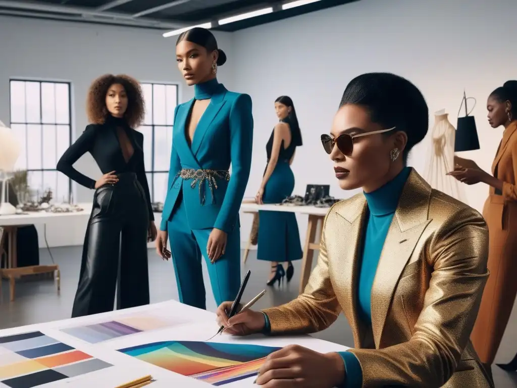 Diseñadores de moda creativos y diversos colaborando en estudio moderno Un grupo diverso de diseñadores de moda colaborando apasionadamente en un estudio moderno, reflejando la inclusividad de género en moda