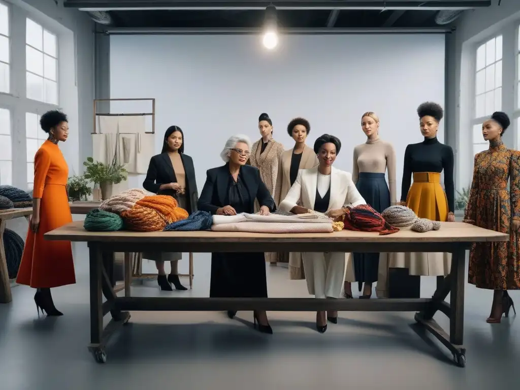 Diseñadores de moda colaborando en un estudio sostenible Un grupo diverso de diseñadores de moda colaborando en un estudio sostenible, transmitiendo creatividad e inclusión en la industria