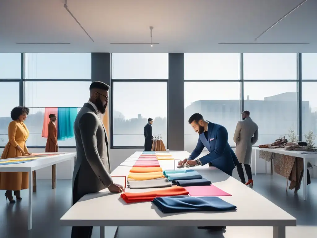 Un grupo diverso de diseñadores de moda masculina colaborando en un estudio moderno y luminoso, transmitiendo creatividad y trabajo en equipo