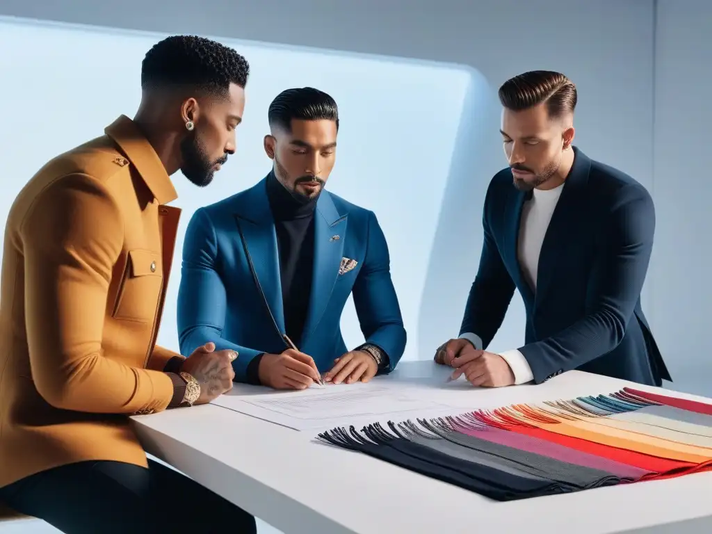 Un grupo diverso de diseñadores de moda masculina inclusiva en una entrevista creativa y unida