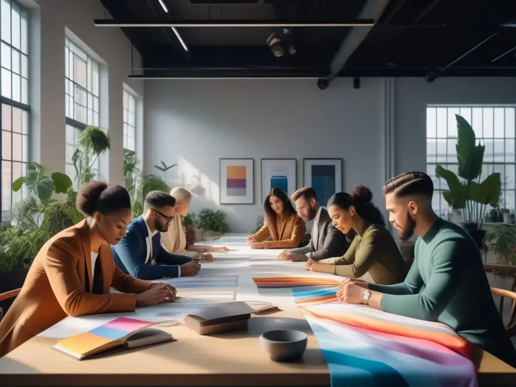 Equipo diverso de diseñadores de moda creando en un estudio moderno y vibrante Un grupo diverso de diseñadores de moda trabaja colaborativamente en un diseño textil innovador en un estudio loft