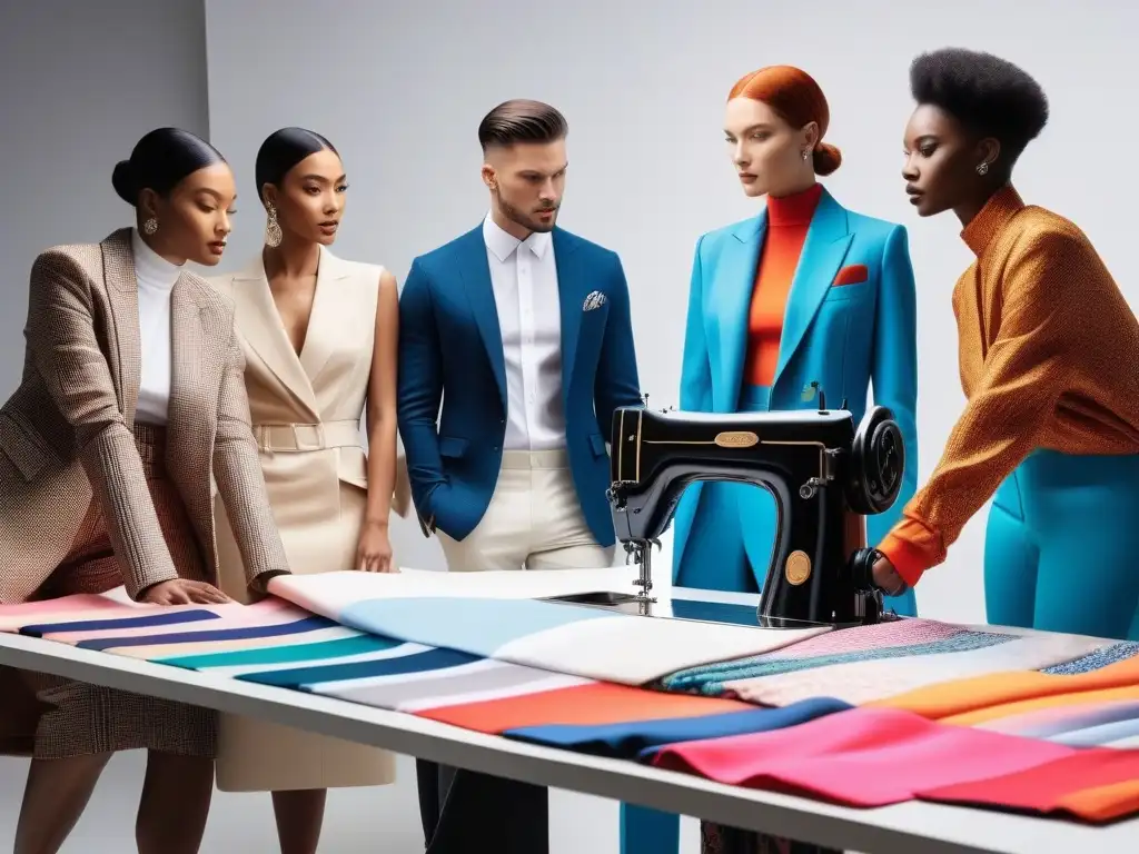 Diseñadores de moda colaborando en un estudio creativo y diverso Grupo diverso de diseñadores de moda colaborando en un estudio creativo para mejorar estrategia mercado moda inclusiva