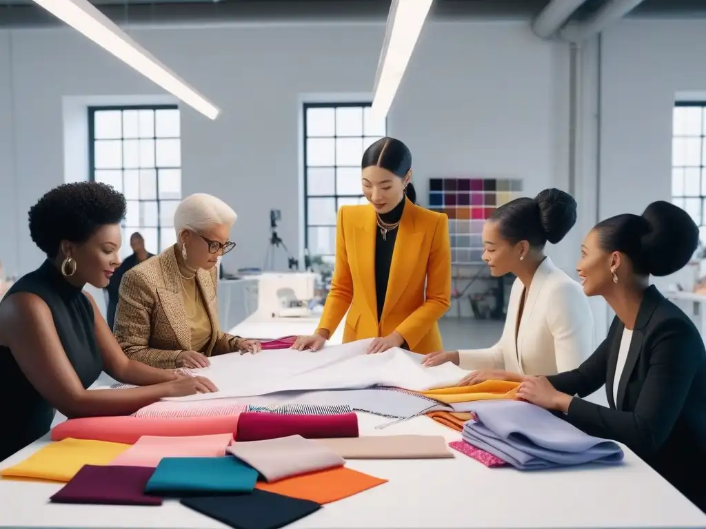 Diseñadores de moda colaborando creativamente en estudio inclusivo Un grupo diverso de diseñadores de moda trabaja juntos en un estudio moderno, rodeados de telas y bocetos coloridos
