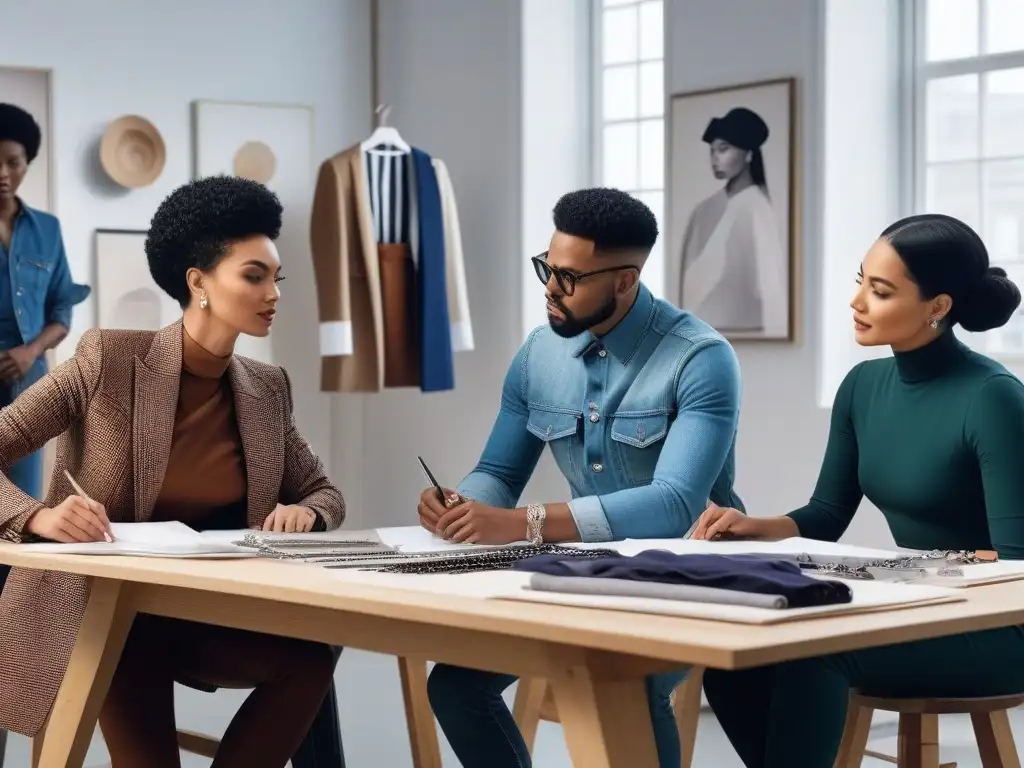 Equipo creativo de diseñadores de moda: innovación y diversidad en acción Un grupo diverso de diseñadores de moda colaborando en un estudio moderno, reflejando desafíos económicos en la moda inclusiva y autenticidad