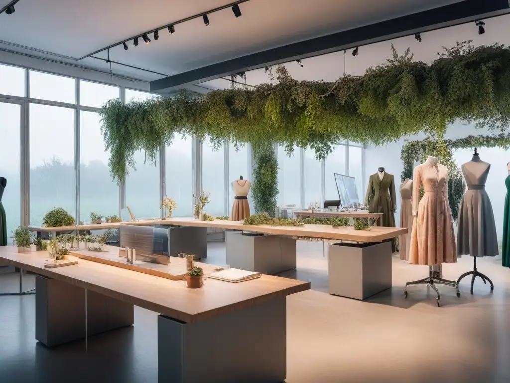 Moda sostenible: Diseñadores creando juntos en atelier eco-friendly Un grupo diverso de diseñadores de moda apasionados y dedicados trabajando juntos en un moderno taller de moda sostenible