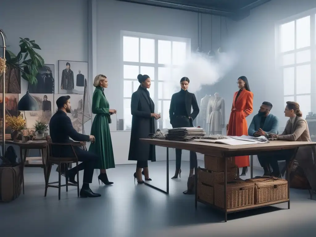 Creatividad y diversidad: Diseñadores de moda inspirando con sus historias únicas en un estudio vibrante Un grupo diverso de diseñadores de moda discuten apasionadamente en un estudio minimalista lleno de inspiración