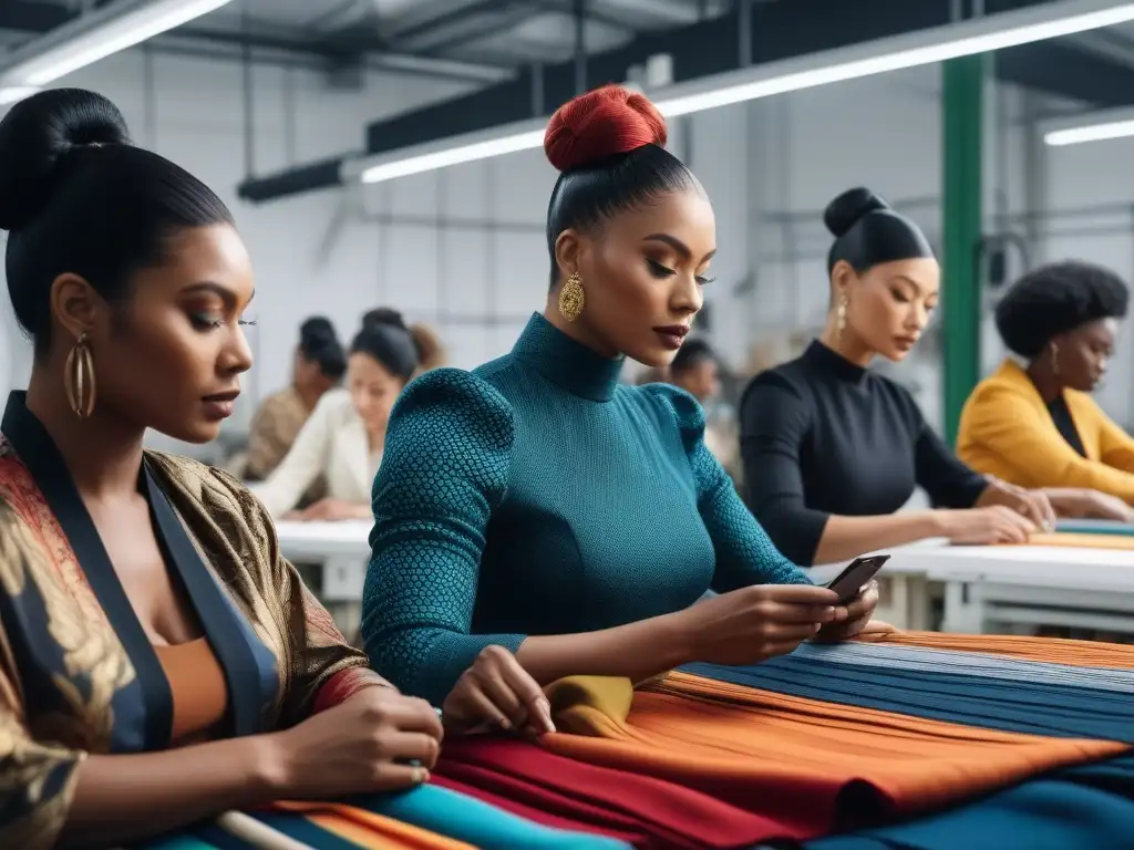 Diseñadores de moda inclusivos revolucionando la industria textil Grupo diverso de diseñadores de moda colaborando en taller textil inclusivo, reflejando moda inclusiva cadena suministro textil