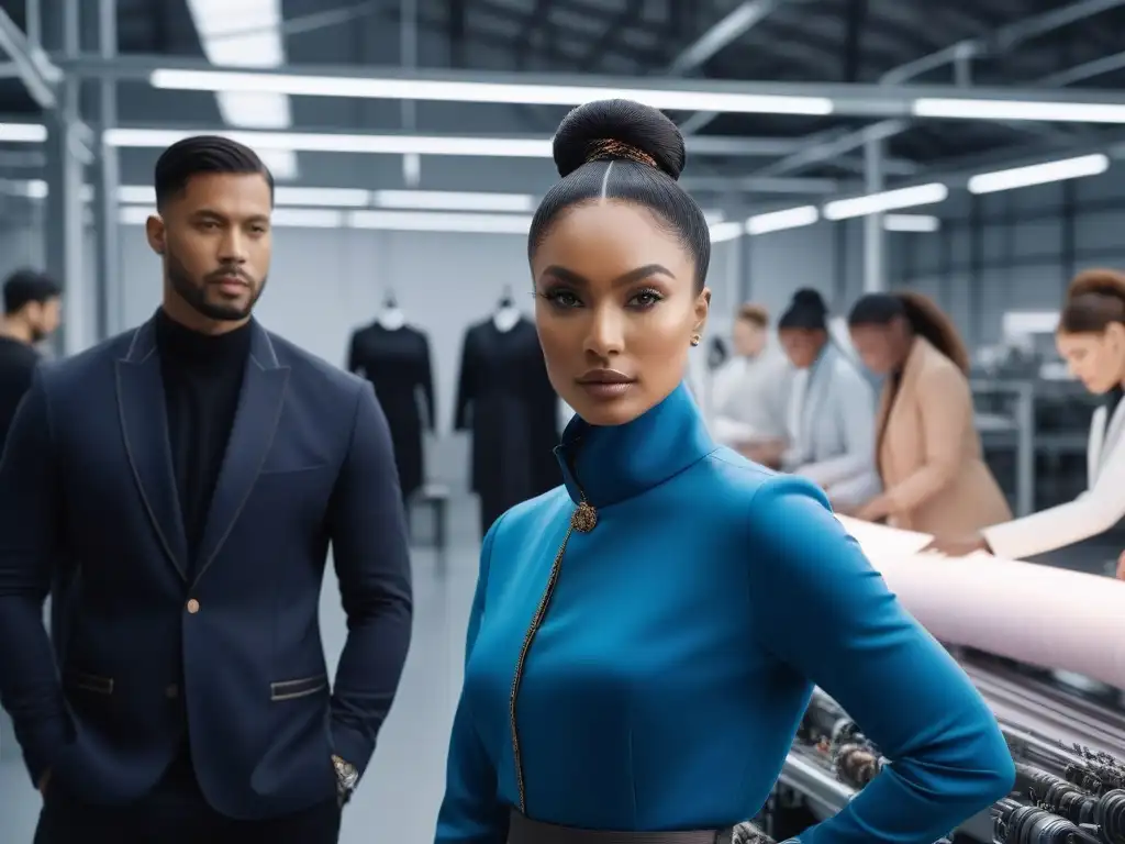 Diseñadores de moda innovadores en un entorno inclusivo y futurista Un grupo diverso de diseñadores de moda colabora en una cadena de suministro textil futurista, reflejando innovación y moda inclusiva
