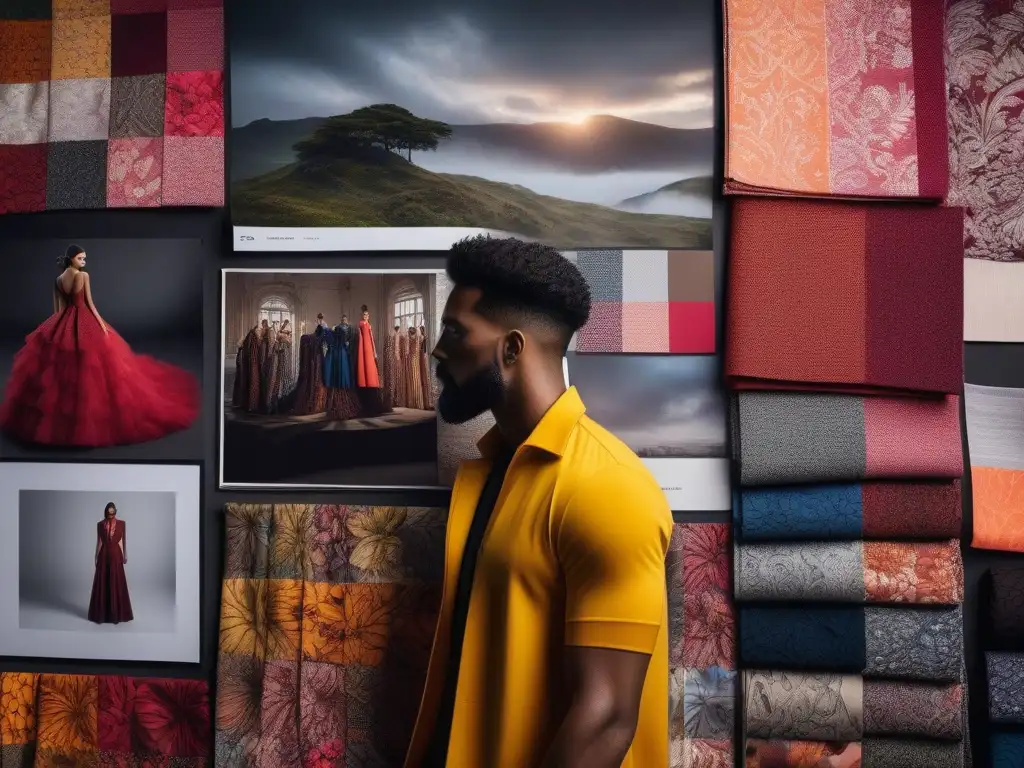 Diseñadores de moda crean colección diversa y vibrante Un grupo diverso de diseñadores de moda colaborando en un moodboard, demostrando la importancia del Storytelling Moda Inclusiva
