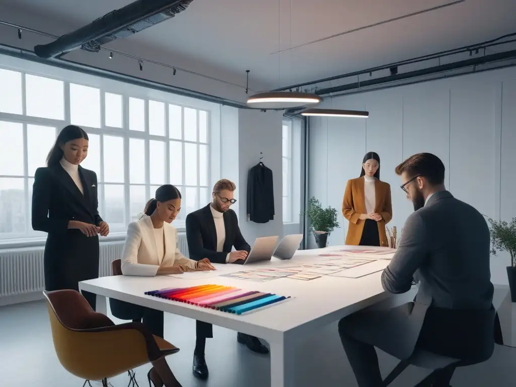 Diseñadores de moda innovadores crean juntos en un estudio futurista Grupo diverso de diseñadores de moda trabajando juntos en diseños inclusivos y futuristas en un estudio luminoso