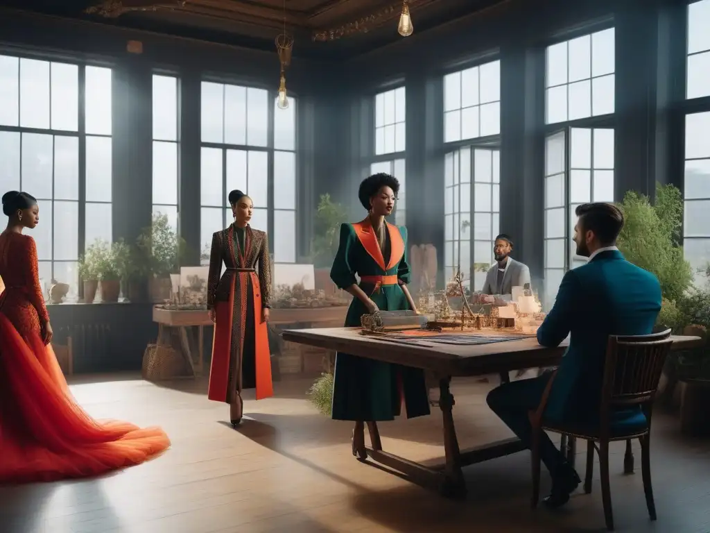 Un grupo diverso de diseñadores de moda colaborando apasionadamente en una colección innovadora y colorida