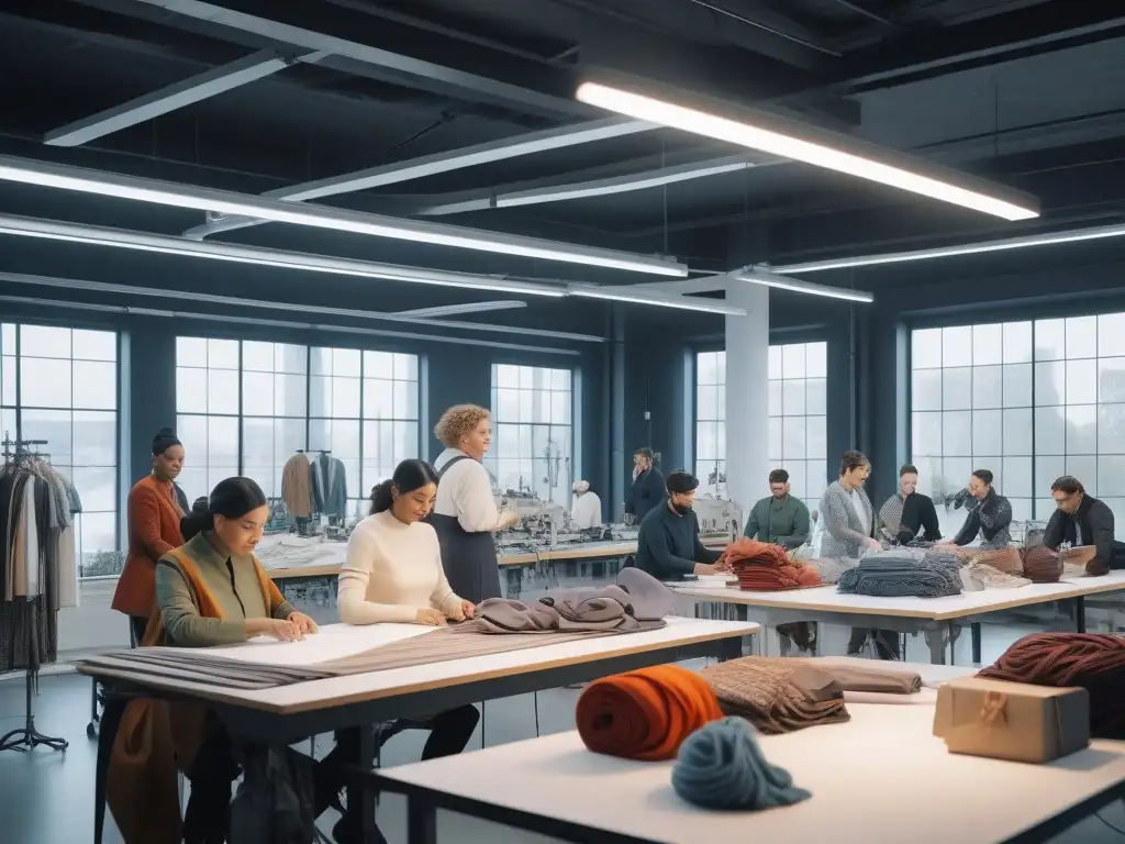 Diseñadores de moda crean prendas inclusivas en estudio vibrante Un grupo diverso de diseñadores de moda crea prendas inclusivas en un estudio luminoso y colorido
