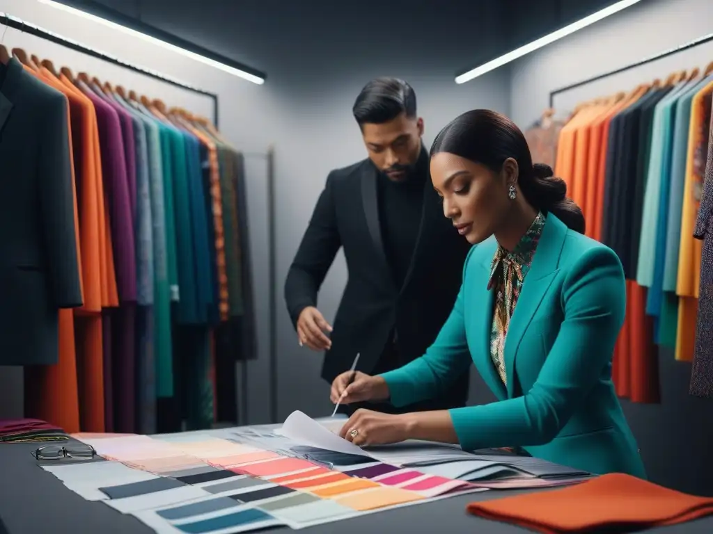 Diseñadores de moda crean una colección adaptativa Grupo diverso de diseñadores de moda colaborando en un estudio luminoso con muestras de ropa y herramientas de diseño