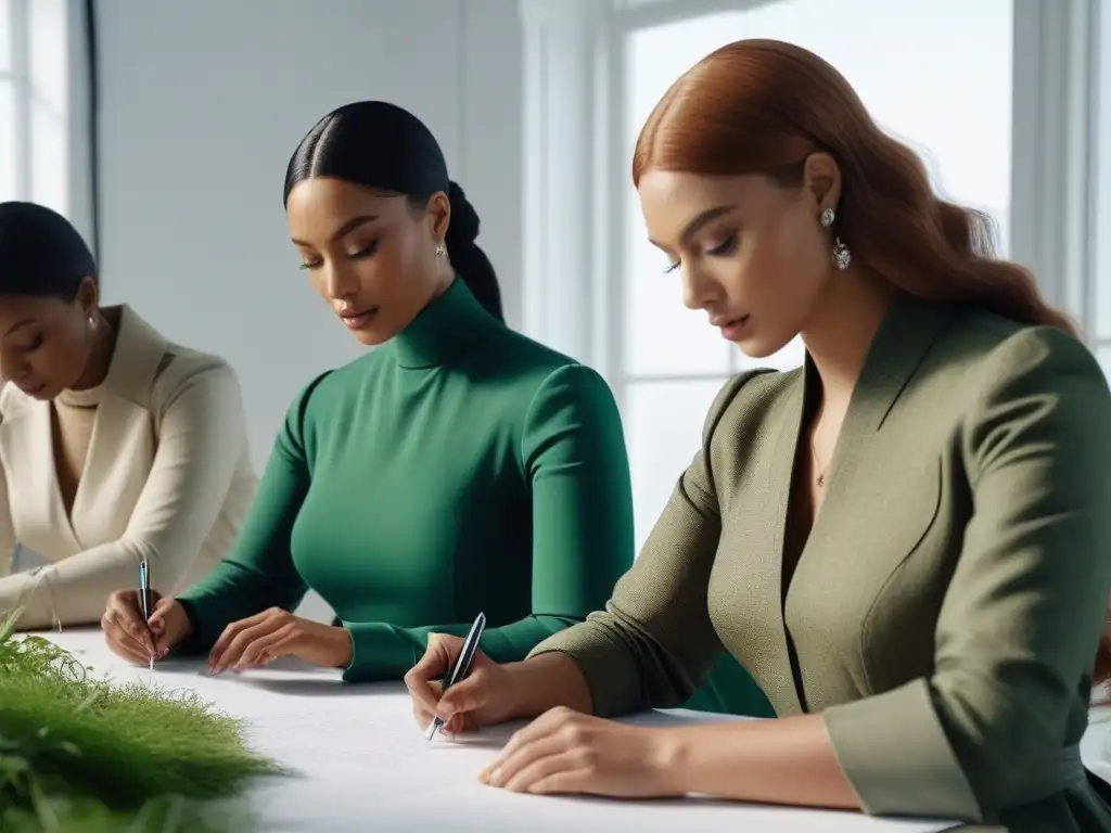 Diseñadores de moda ecoconscientes crean colecciones inclusivas Un grupo diverso de diseñadores de moda ecoconsciente en un estudio luminoso, creando prendas para tallas especiales y un futuro sostenible
