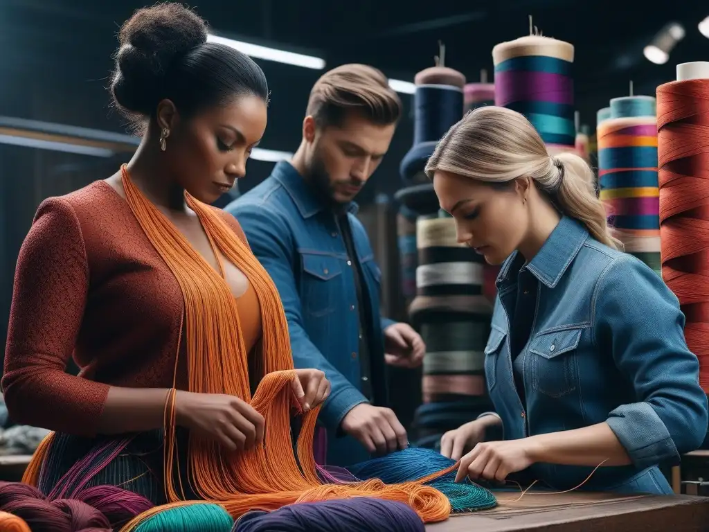 Diseñadores de moda crean prendas sostenibles con materiales reciclados Grupo diverso de diseñadores de moda sostenible crea con materiales reciclados, rodeados de coloridas bobinas de hilo y máquinas de coser