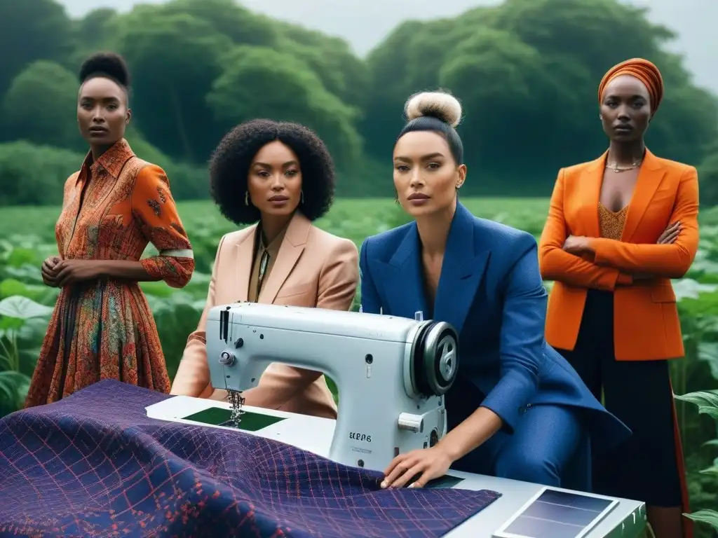 Diseñadores de moda sostenible creando juntos con energía solar Un grupo diverso de diseñadores de moda sostenible con Certificaciones moda sostenible energía renovable, creando juntos en armonía y creatividad