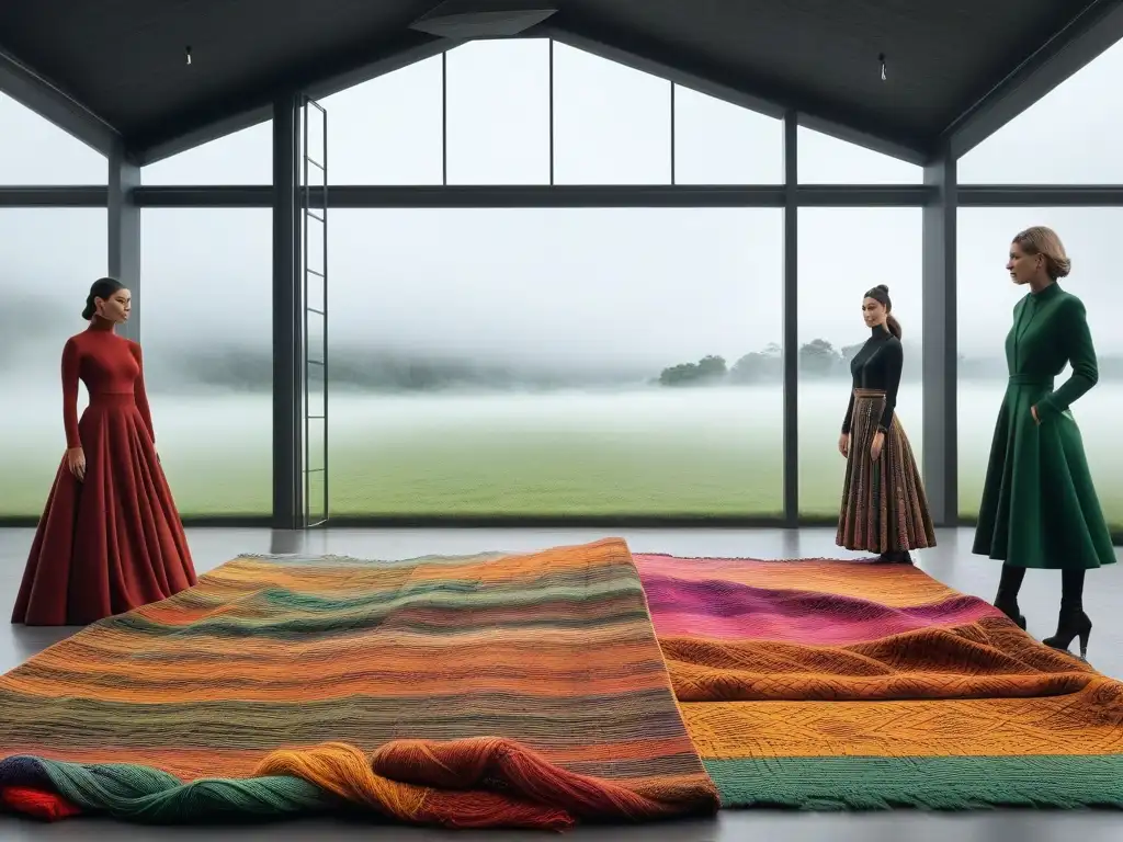 Diseñadores de moda sostenible tejiendo en estudio moderno Un grupo diverso de diseñadores de moda crea con lana merina sostenible en un estudio luminoso, simbolizando la moda inclusiva