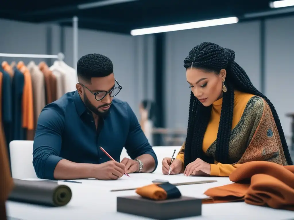 Diseñadores de moda innovadores en estudio ecoamigable Un grupo diverso de diseñadores de moda trabajando juntos en un estudio moderno, discutiendo diseños inclusivos y sostenibles