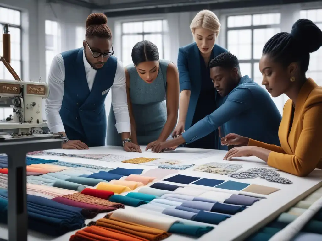 Diseñadores de moda colaborando en atelier sostenible Grupo diverso de diseñadores de moda y trabajadores textiles colaborando en atelier soleado, promoviendo transparencia en cadenas de moda tall