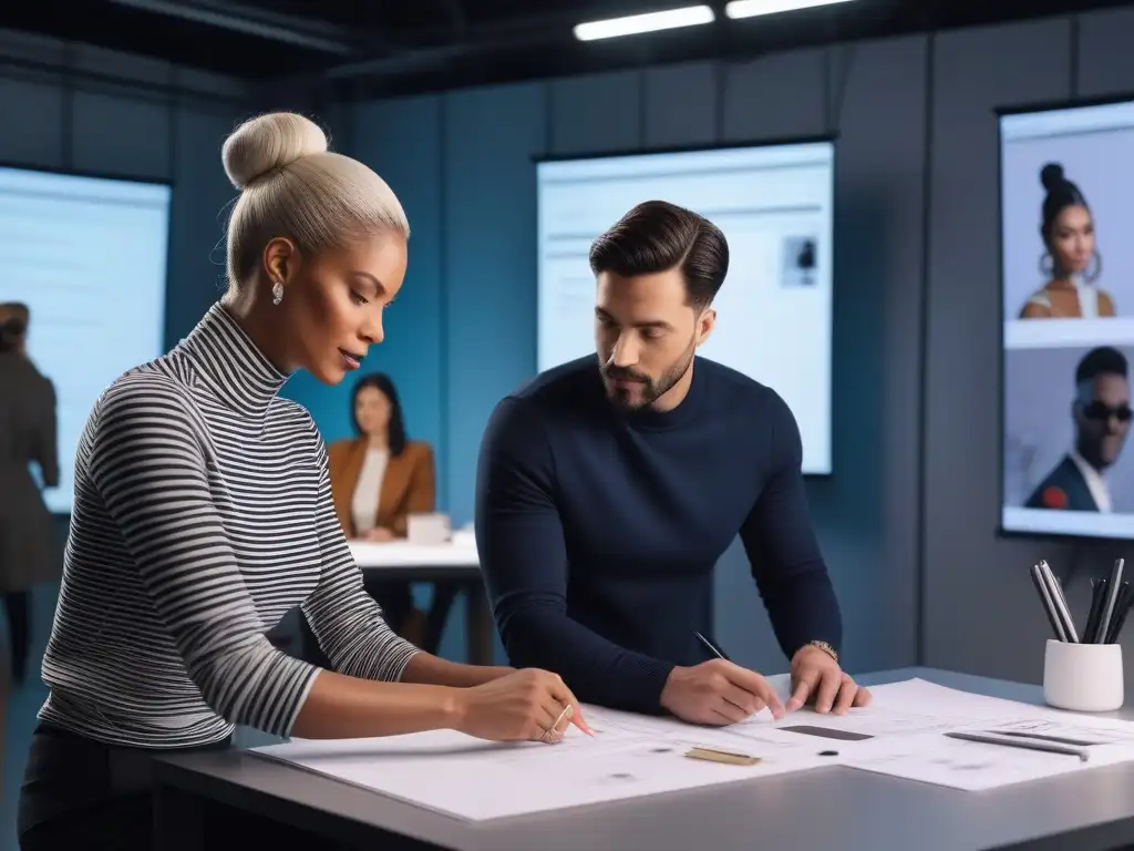 Sesión colaborativa de diseñadores de moda adaptativa Grupo diverso de diseñadores y usuarios de moda adaptativa en sesión colaborativa rodeados de herramientas de diseño en estudio moderno
