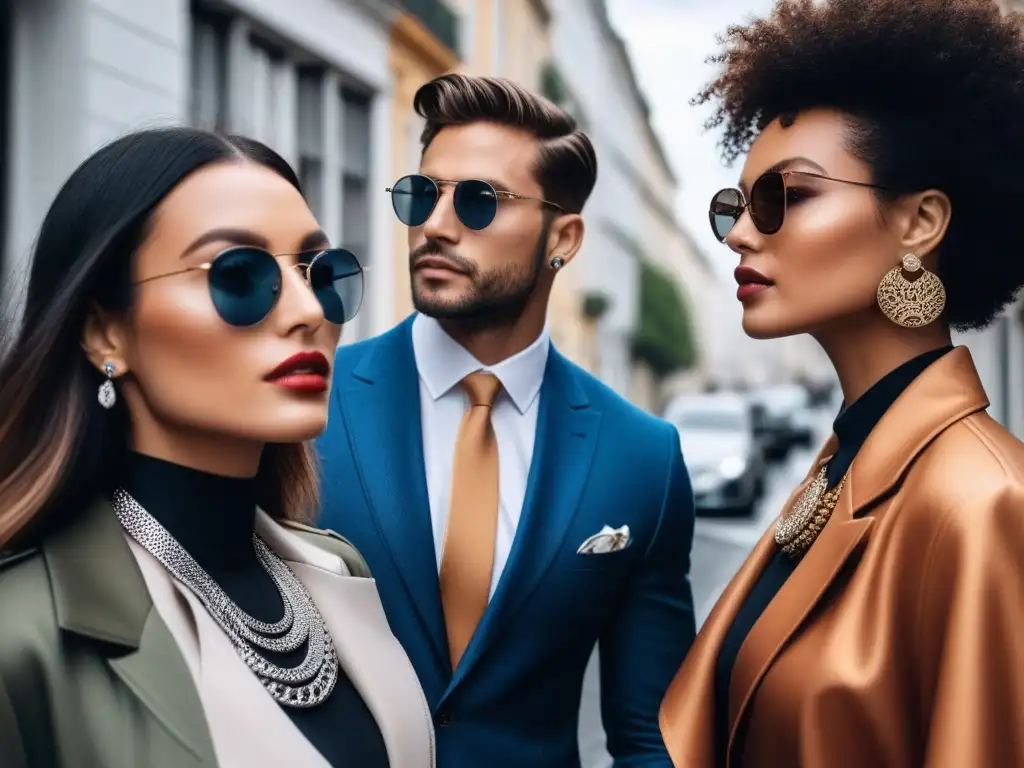 Estilo y diversidad: accesorios de lujo para todos Un grupo diverso y elegante con accesorios de lujo, mostrando que la sofisticación es para todos