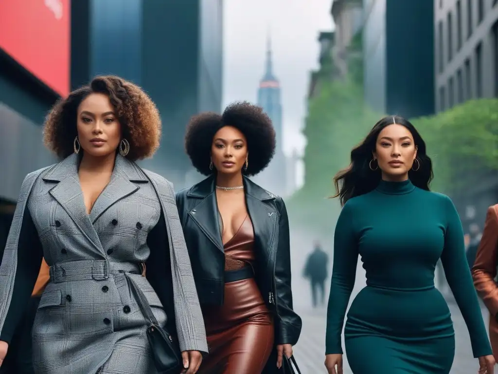 Moda sostenible: diversidad y estilo en la ciudad Un grupo diverso y elegante camina por la ciudad, mostrando la belleza de la moda sostenible para todos cuerpos