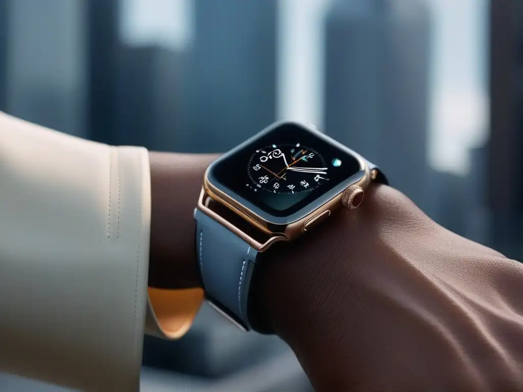 Estilo y tecnología: Apple Watch Hermès en escenarios de lujo Un grupo diverso y elegante con Apple Watch Hermès en entornos lujosos, mostrando marcas gadgets moda inclusivas éxito
