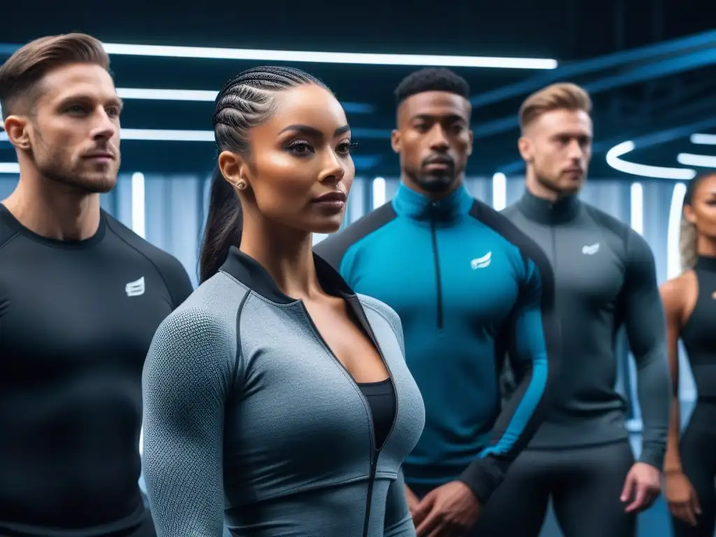 Fitness wearables: tecnología y elegancia para todos Un grupo diverso y elegante en wearables fitness en un gimnasio futurista, con moda inclusiva y tecnología