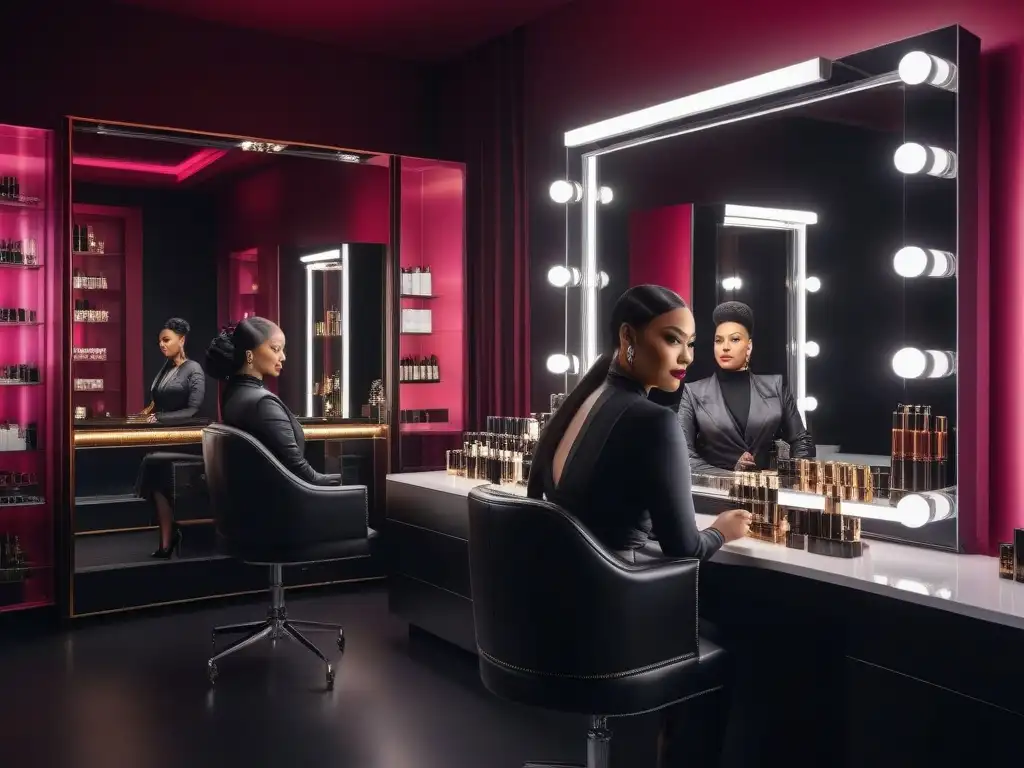 Exclusiva belleza: diversidad y glamour con productos de lujo Un grupo diverso y elegante aplica lujosos productos de belleza en un estudio moderno