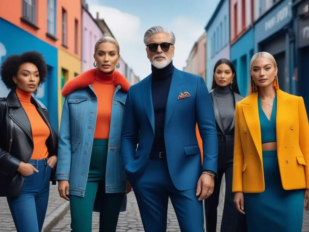 Moda sostenible: diversidad y estilo en la ciudad Un grupo diverso y elegante promoviendo la moda reciclada para todos en un entorno urbano trendy con arte callejero colorido