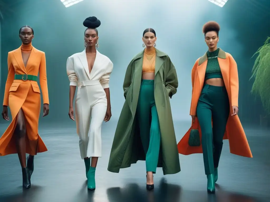 Moda sostenible: Altos y seguros en ambiente futurista Un grupo diverso y elegante de modelos altos en ropa sostenible de marcas líderes, en un entorno urbano futurista y ecológico