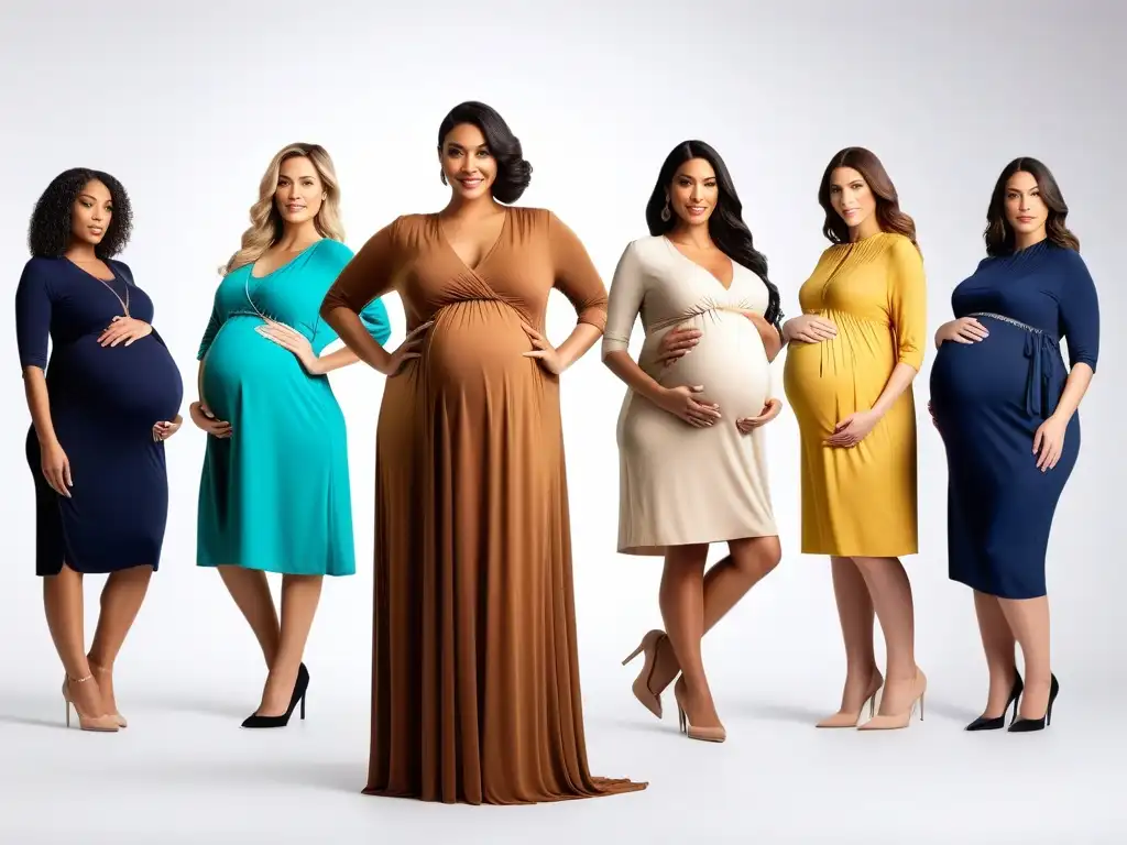 Moda maternidad plus size: elegancia y estilo para todas Un grupo diverso y elegante de mujeres embarazadas plus size luciendo túnicas de maternidad chic en un entorno moderno y luminoso