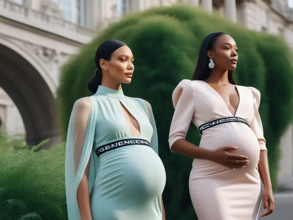 Embarazadas empoderadas: diversidad y elegancia en Givenchy Un grupo diverso y elegante de mujeres embarazadas de diferentes etnias y tipos de cuerpo, vistiendo ropa de maternidad chic de Givenchy, posando con seguridad en un entorno urbano