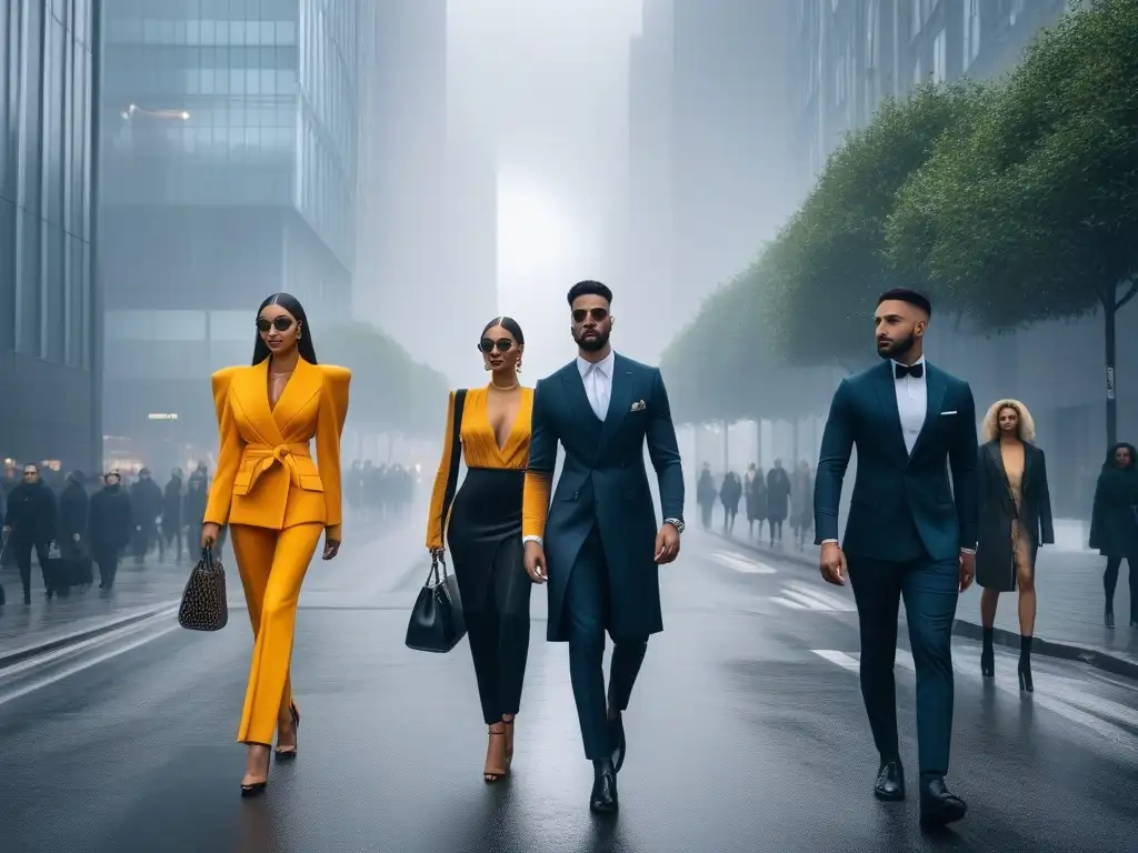 Alta moda urbana: estilo y diversidad en la ciudad Un grupo diverso y elegante de personas altas caminando por la ciudad, luciendo la moda para personas altas 2021